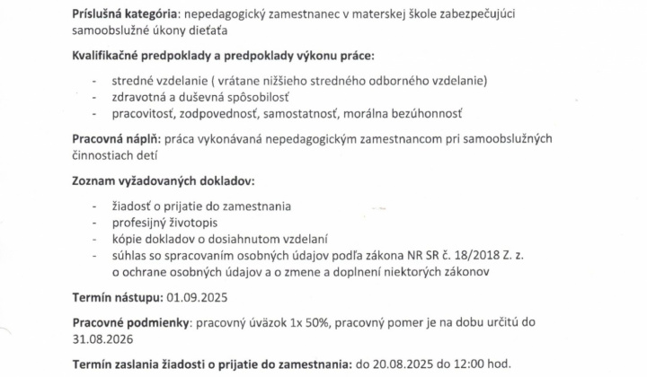 Fotka - Informácie o voľnom pracovnom mieste