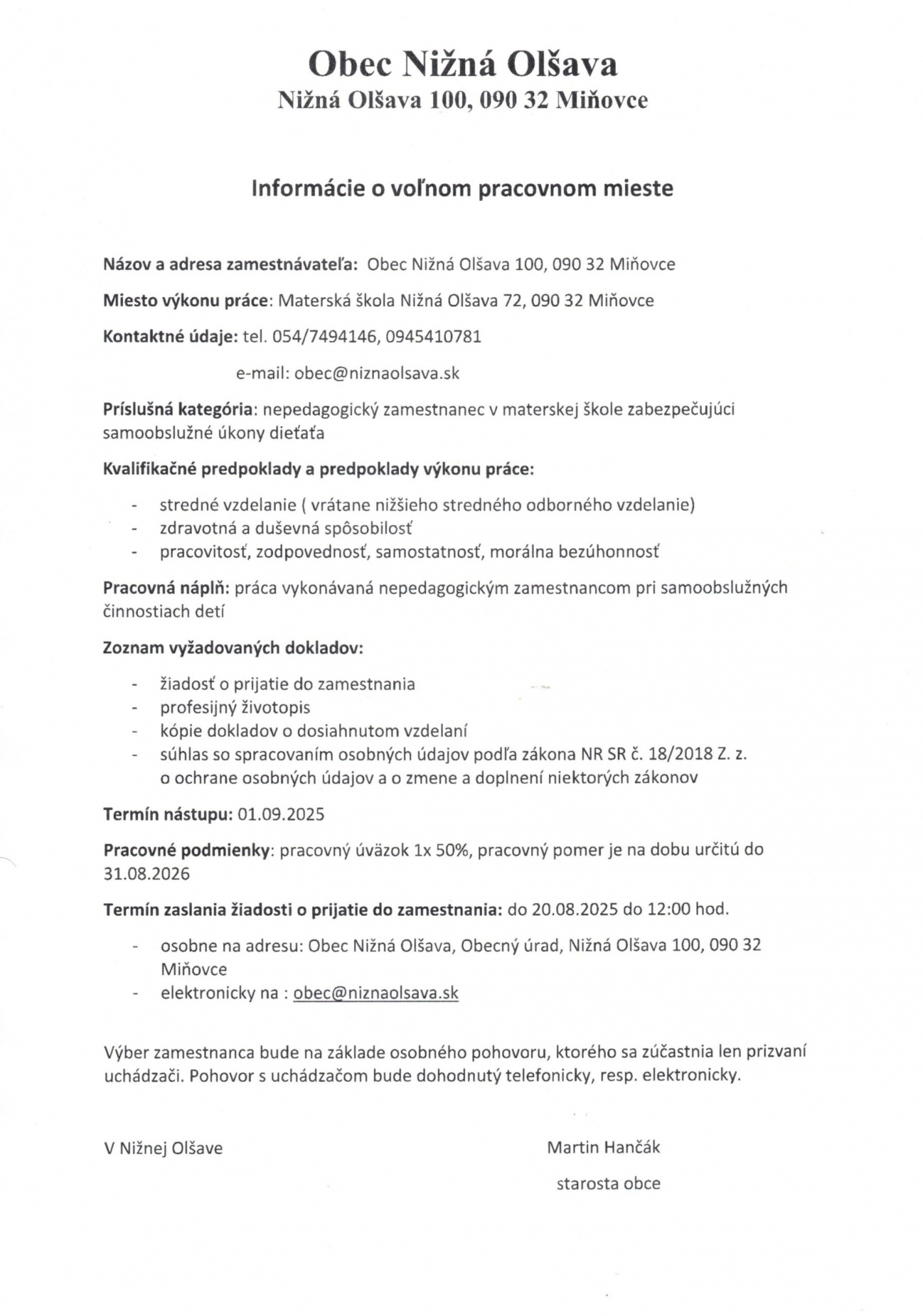 Fotka - Informácie o voľnom pracovnom mieste