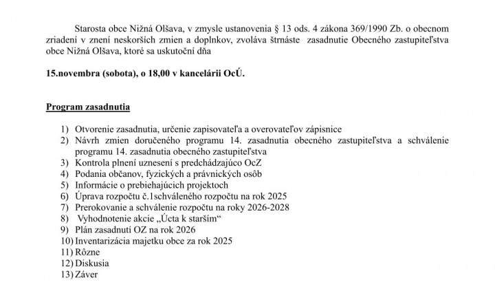Fotka - Pozvánka na 14. zasadnutie OZ 
